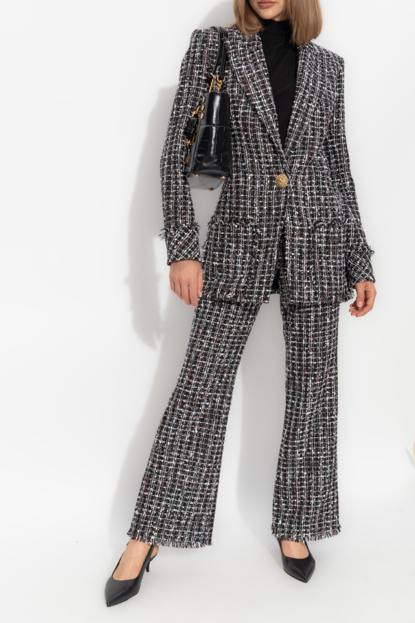Balmain Mid Rise Tweed Flared Trousers In Black