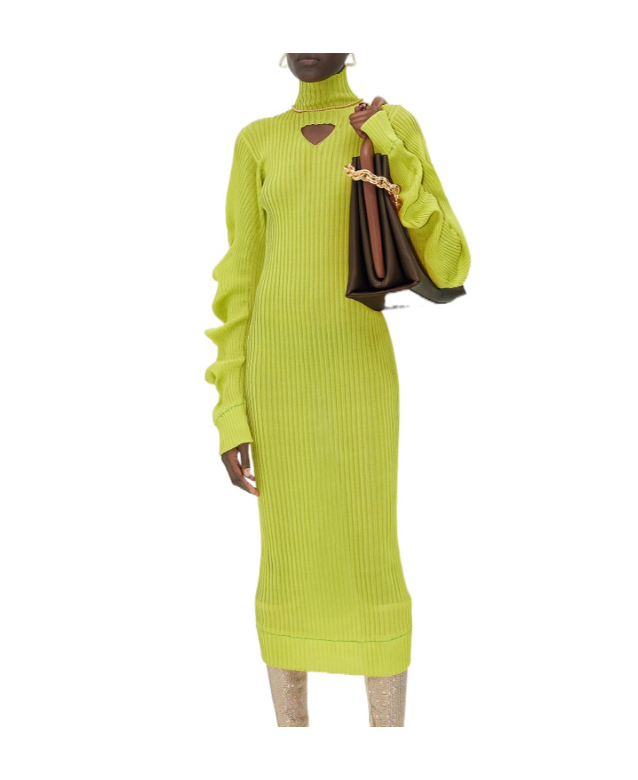 Bottega Veneta Turtleneck Cut-out Rib-knit Dress In Green