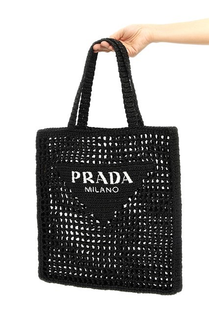 Prada Womens Black Logo-embellished Crochet Viscose Tote Bag In Black