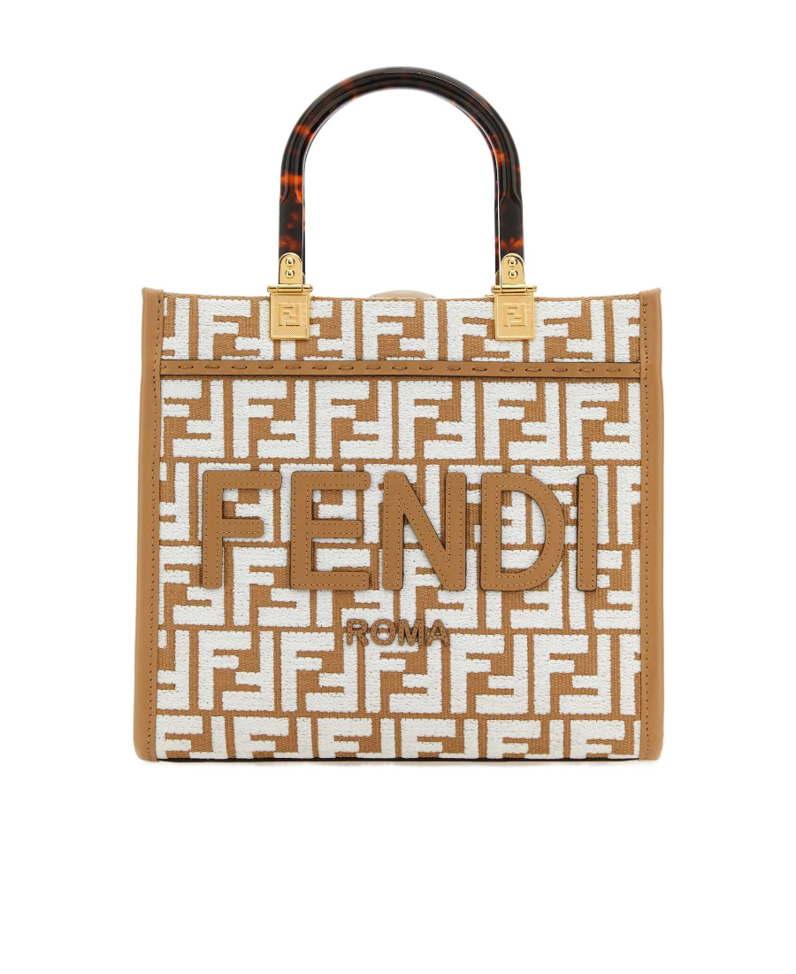 Fendi Raffia Shopper Bag With White Tapestry Fabric Ff Motif In Brown
