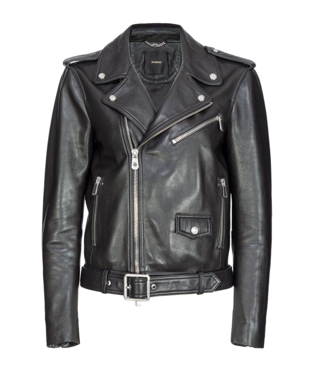 Shop Pinko Belted Leather Biker Jacket In Black