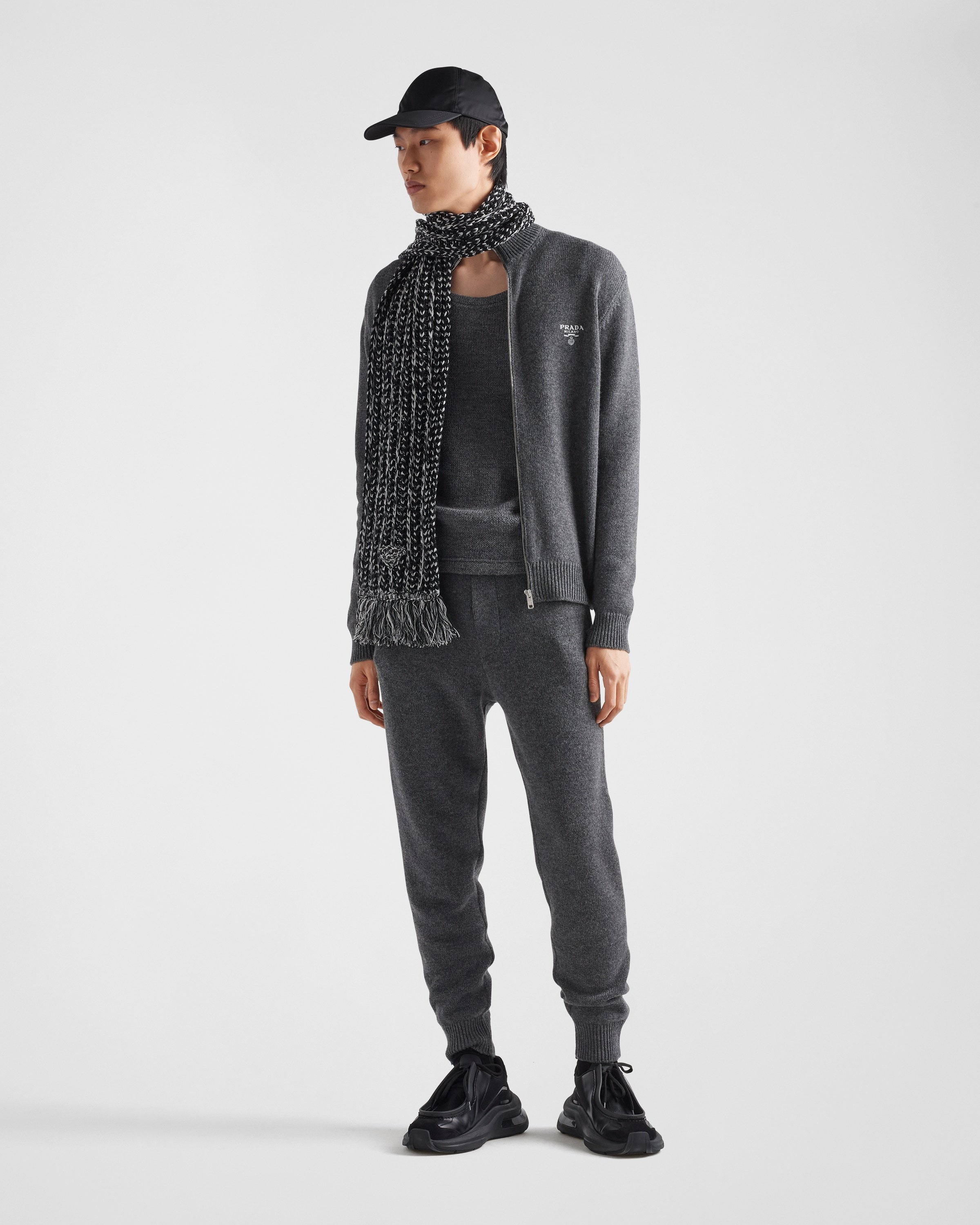 Prada Logo-embroidered Knitted Cashmere Trousers In Gray