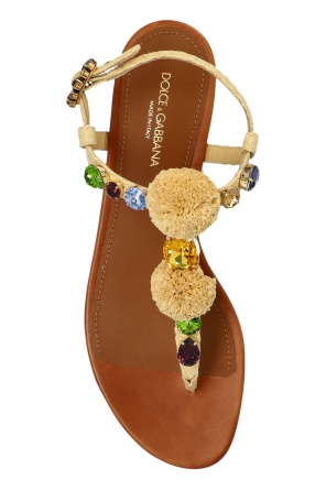 Dolce & Gabbana Embellished Raffia-effect Thong Sandals
