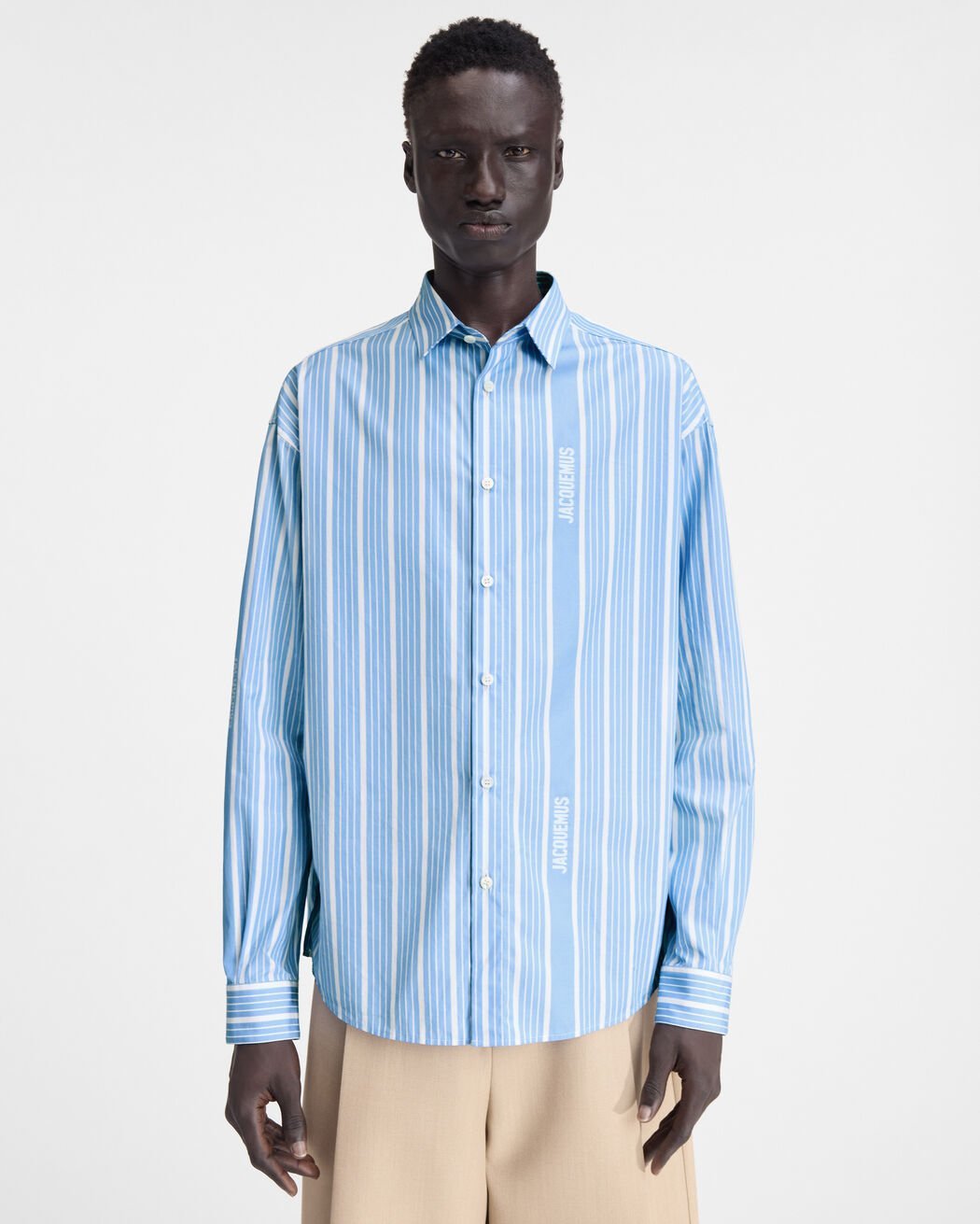Shop Jacquemus Striped Collared Long-sleeve Shirt In Blue