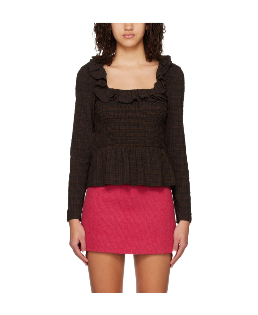 Shop Ganni Plaid Square Collar Blouse In Black