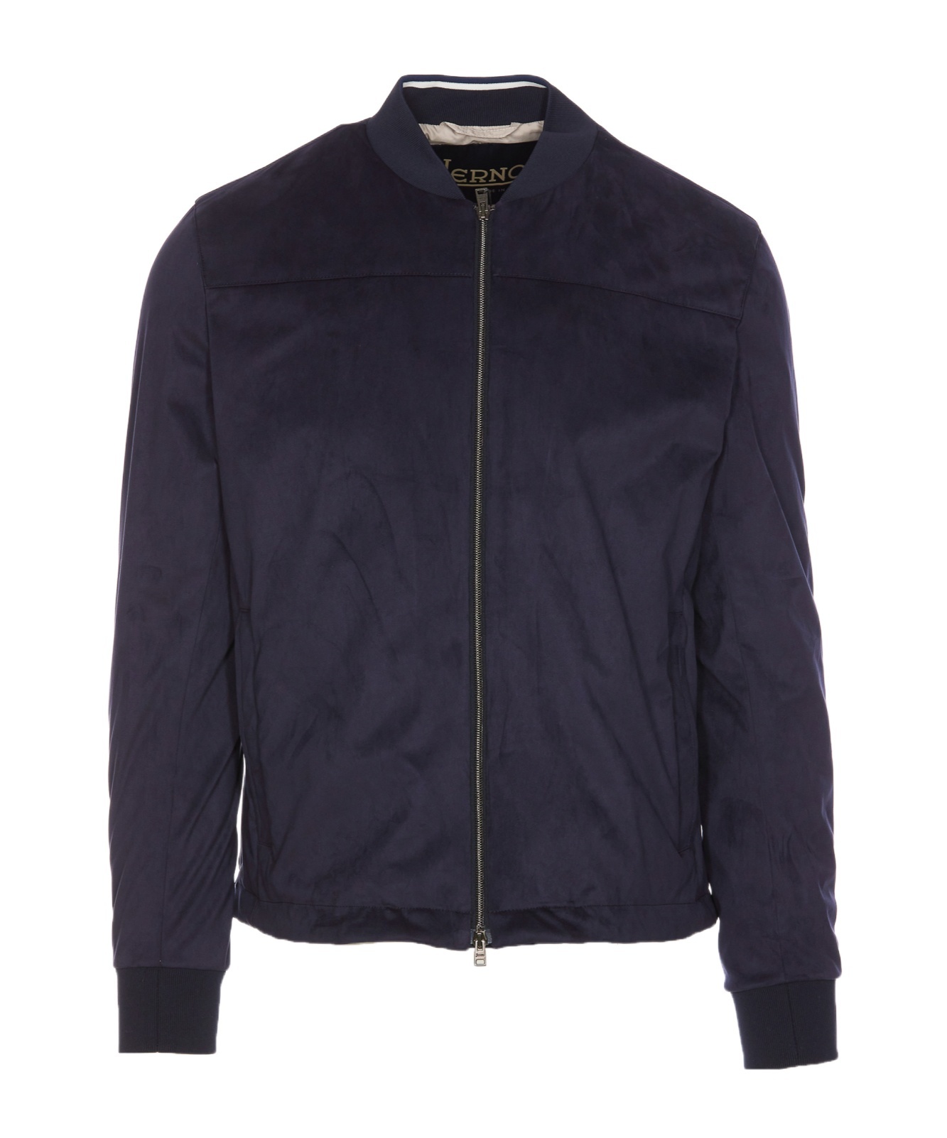 Herno Dark Blue Suede Bomber With Mandarin Collar In Black