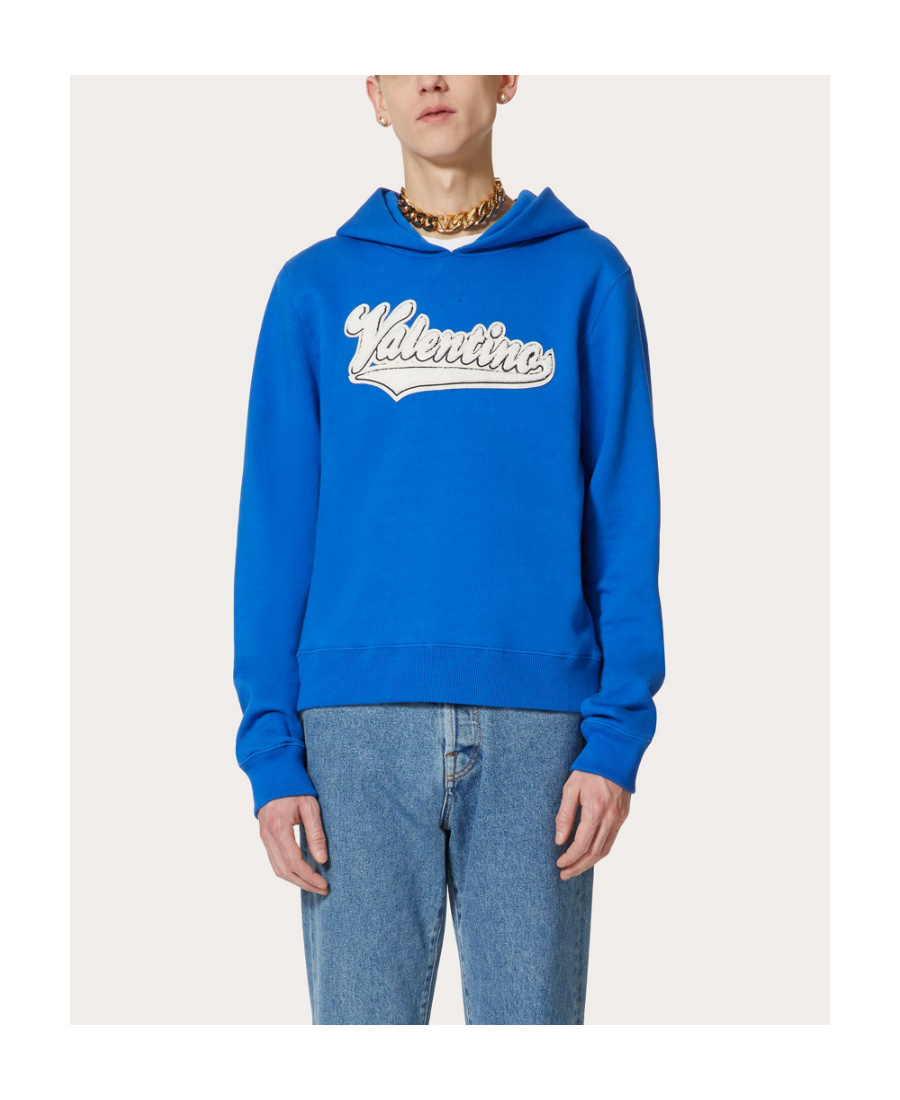 Valentino Embroidered Logo-patch Hoodie In Blue