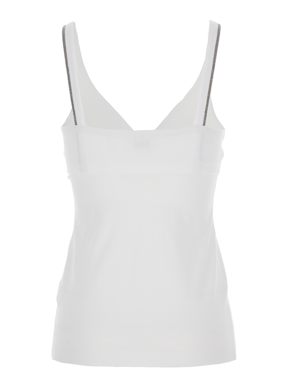 Brunello Cucinelli Women White Sleeveless Top With V Neck And Monil Detail On The Shoulder Straps In