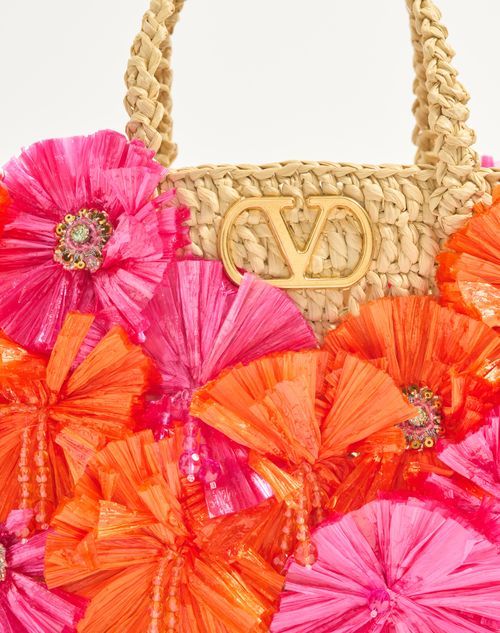 Valentino Borsa Shopping Vlogo Signature In Rafia Decorata  Donna In Natural/red