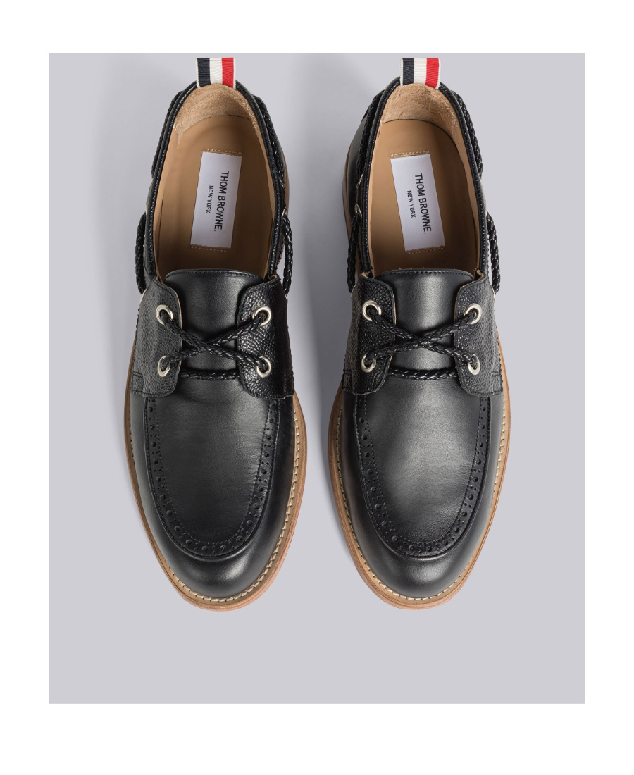 Thom Browne Polished Black Leather Loafers With Moc Toe Design And Lace Detail In Black
