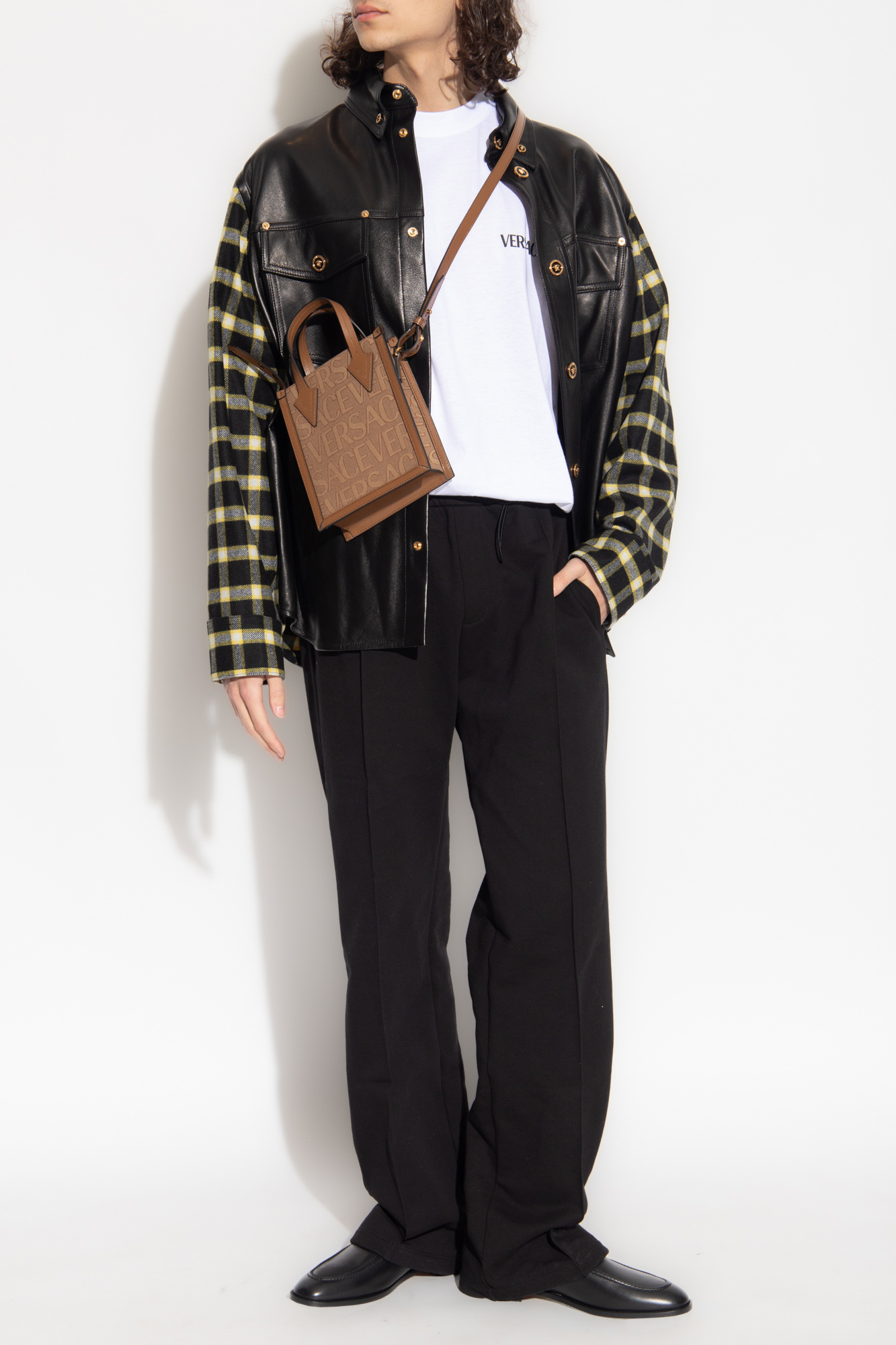 Versace Leather Shirt Checkered Sleeves In Black