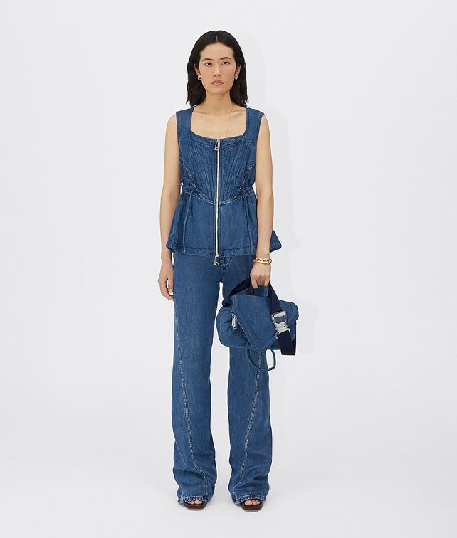Bottega Veneta Zipped Denim Fluid Top With Drawstring In Blue
