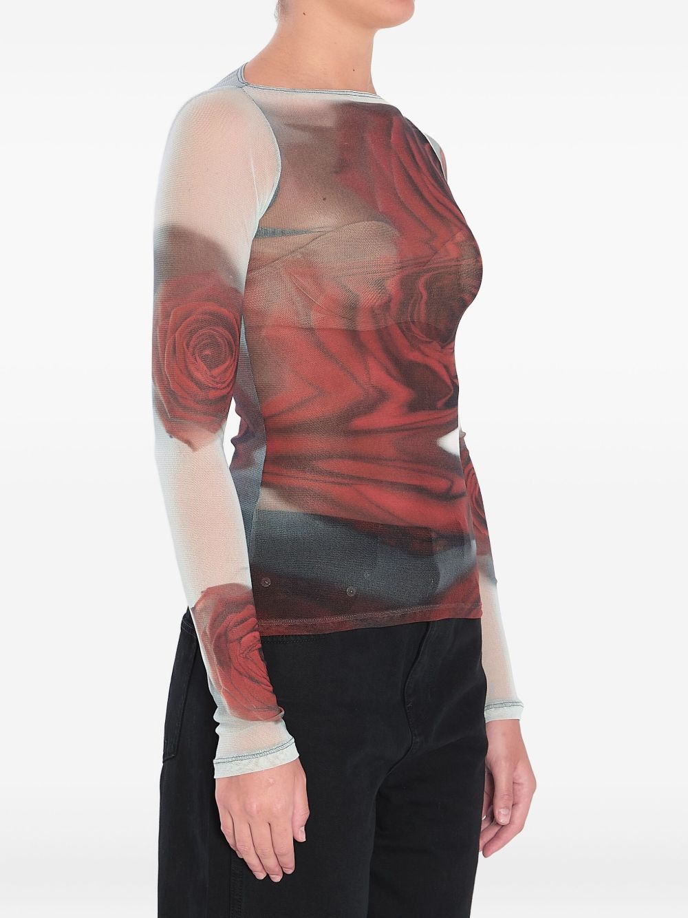Jean Paul Gaultier Women Blurry Roses Medaillon Print Mesh Boat Neck Top In Brown