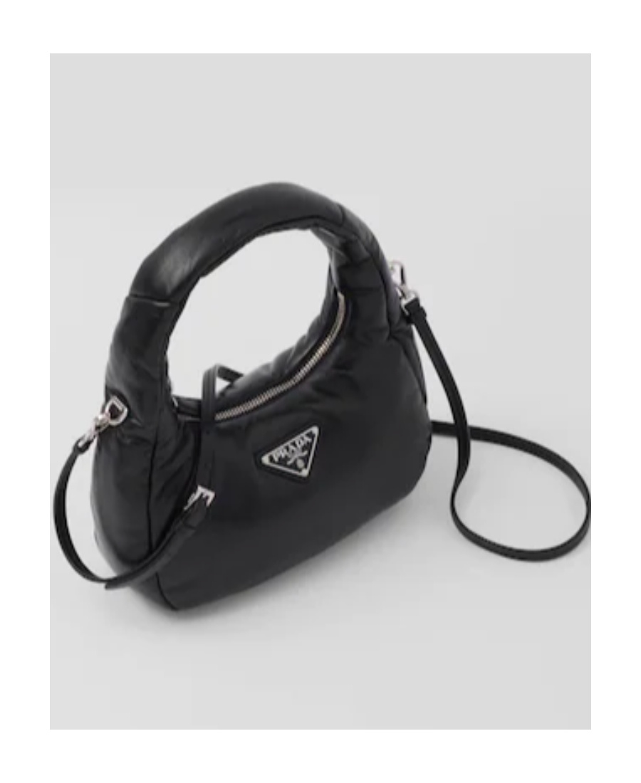 Prada Enamel Triangle-logo Leather Shoulder Bag In Black