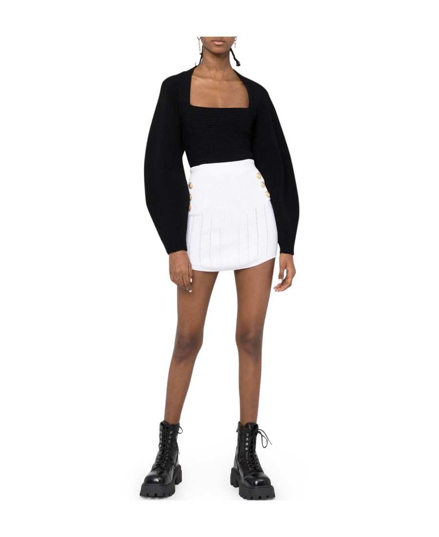 Balmain 6-button Rib Pointelle Knit Skirt In White