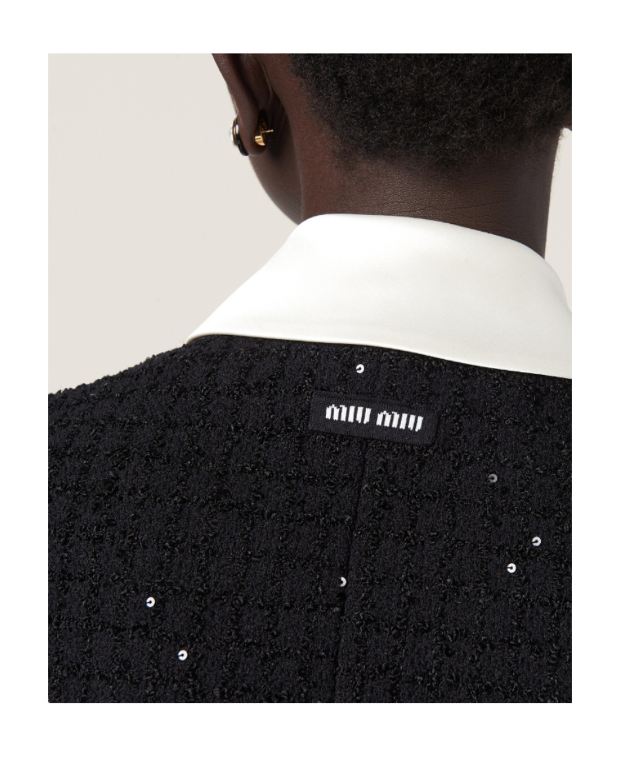 Miu Miu Bouclé Cardigan With Button Detailing And Contrast Collar In Black