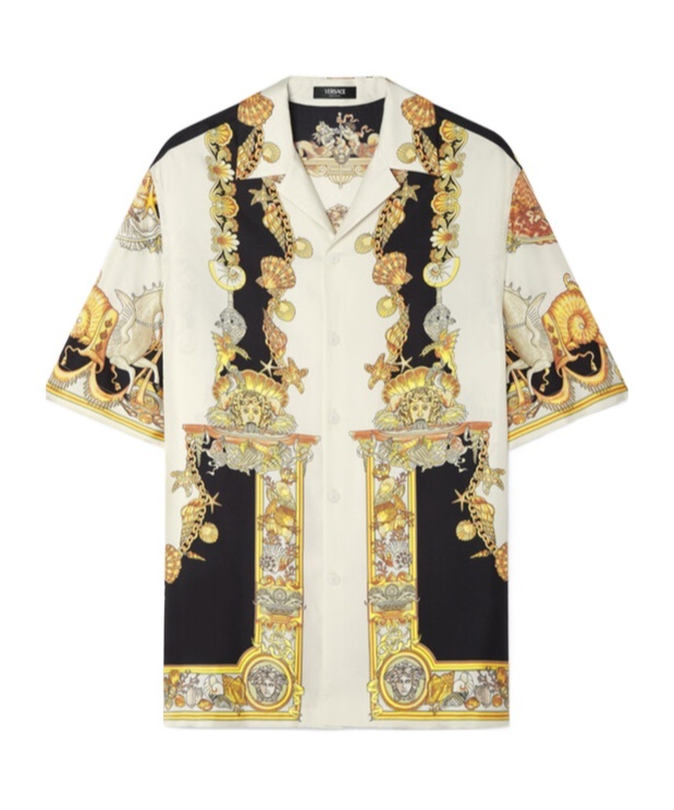 Versace Coral Teater White Bowling Shirt With Cuban Collar And All-over Print In Silk Man In Black