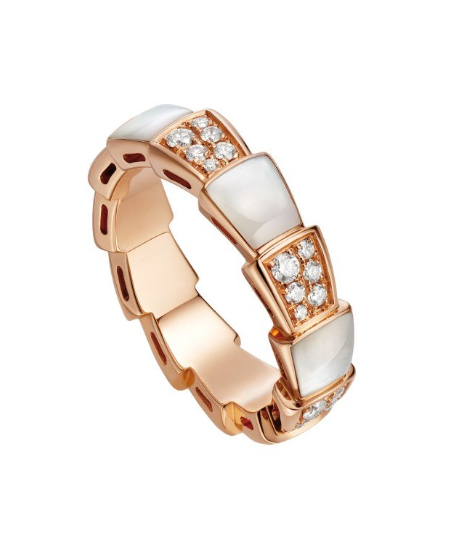 Bvlgari Rose Gold, Diamond And Mother-of-pearl Serpenti Viper Ring In Yellow