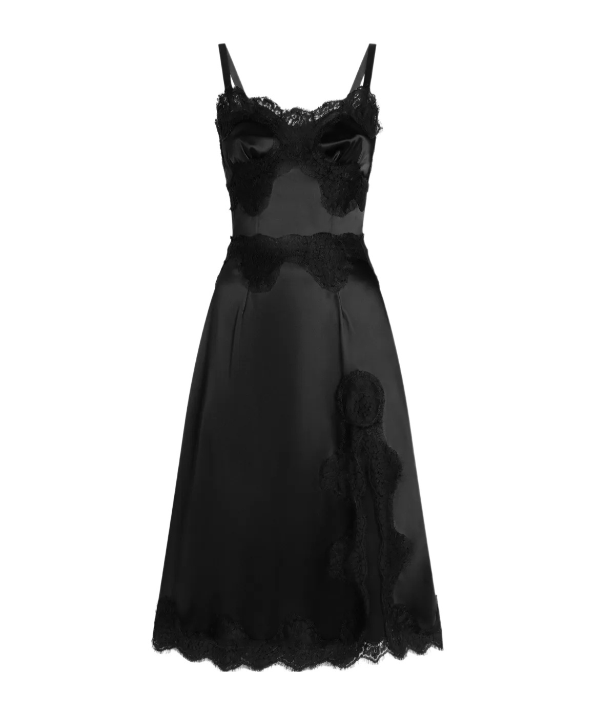 Dolce & Gabbana Lace Trim Satin Dress With Spaghetti Straps In Black