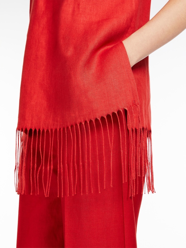 Max Mara Fringed Ruched Linen Blouse In Red