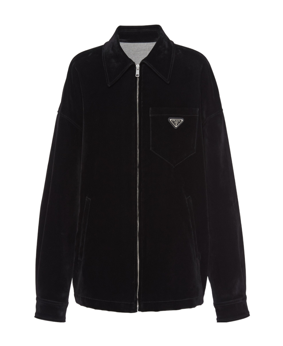 Prada Velvet Denim Blouson Jacket In Black