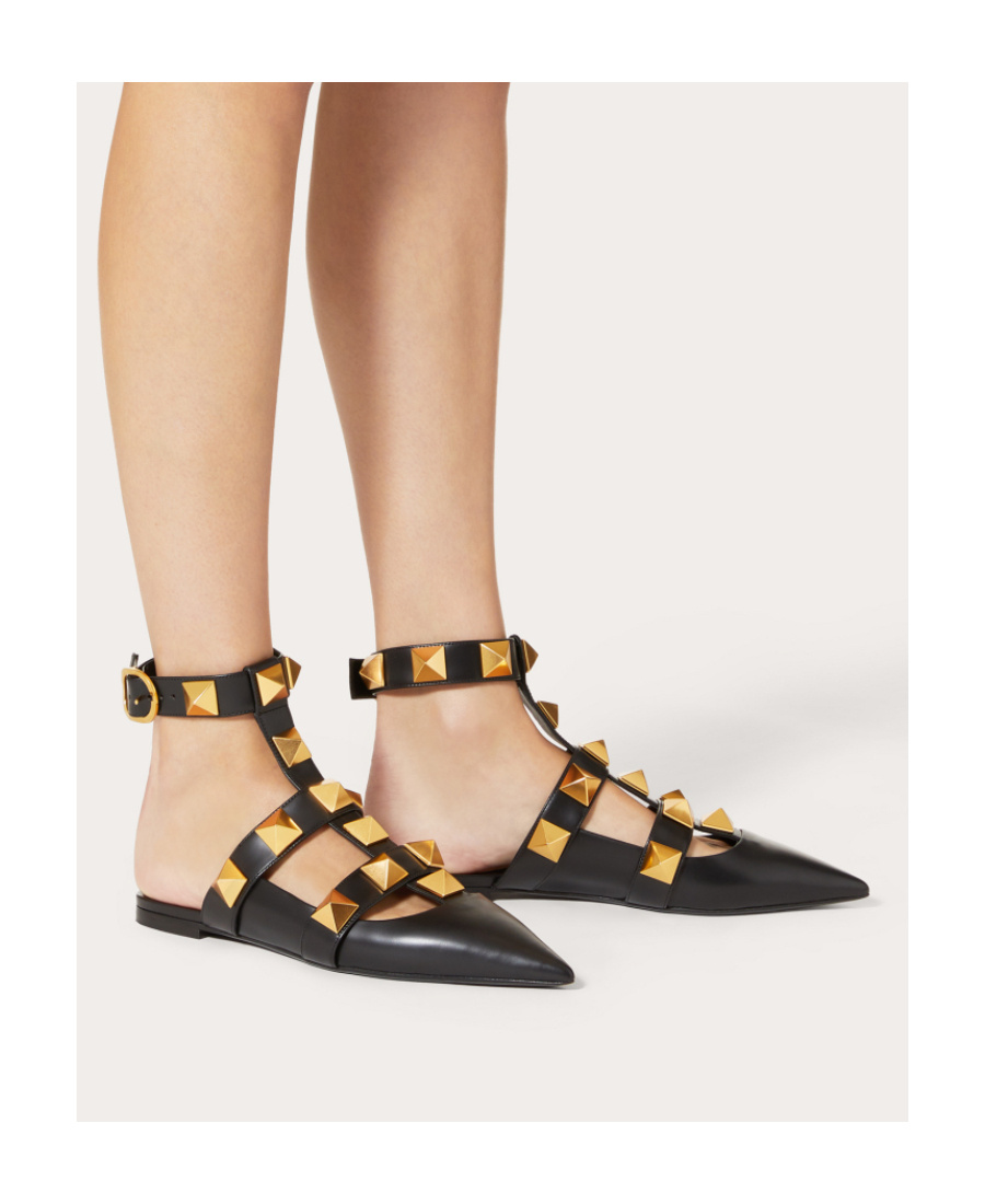 Valentino Roman Stud Leather Ankle Strap Flat In Black