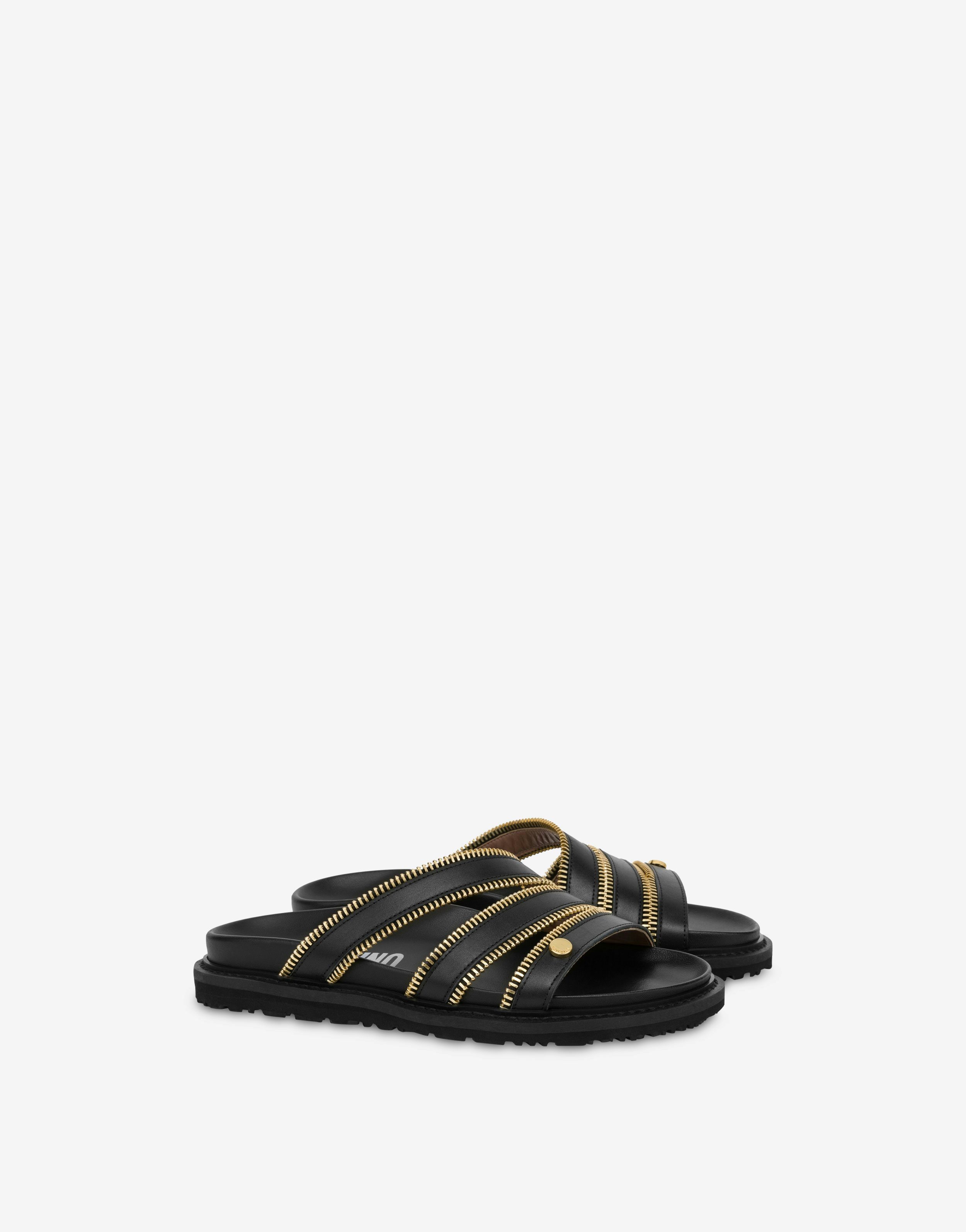 Moschino Zip-embellished Leather Slides In Black