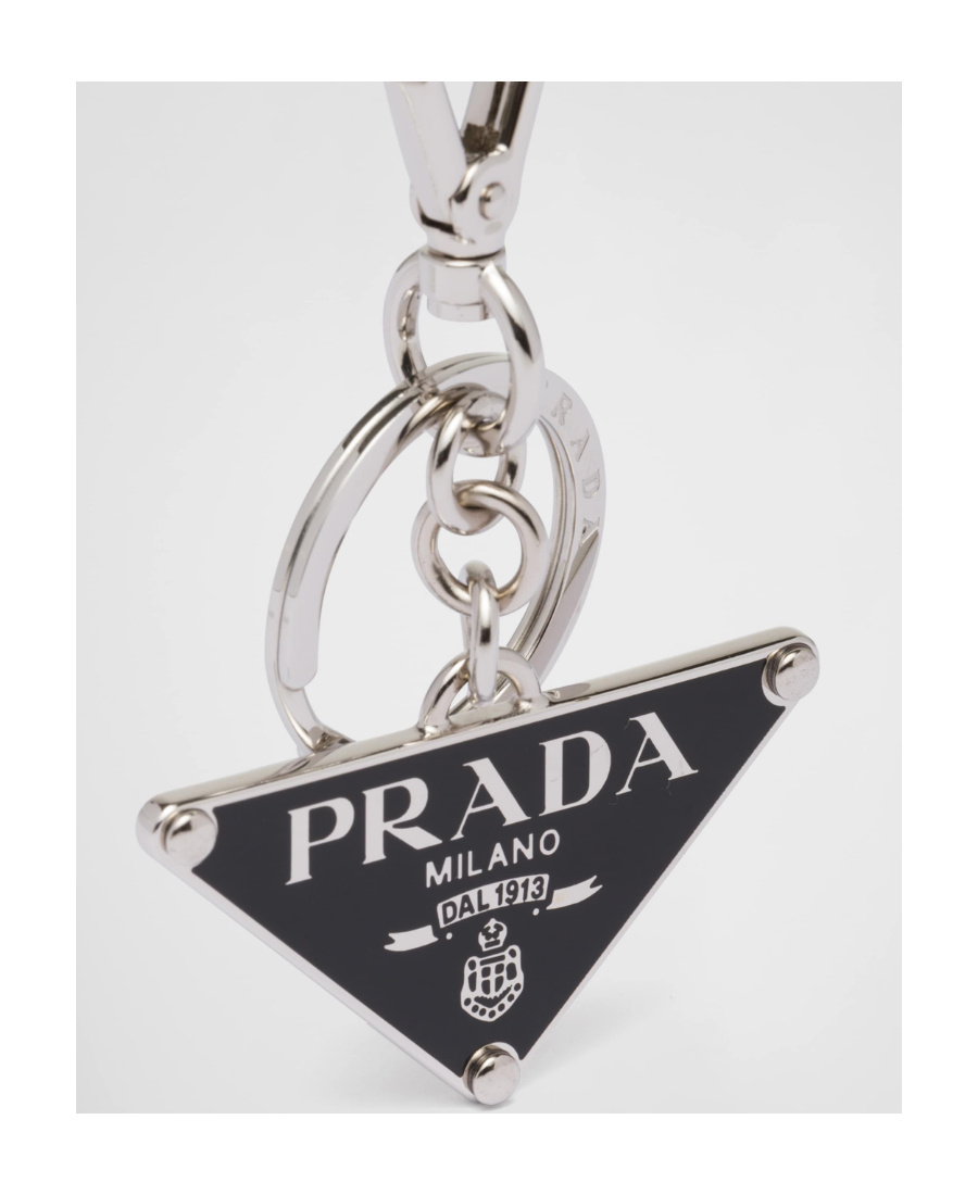 Prada Triangle Enamel Keychain In Black