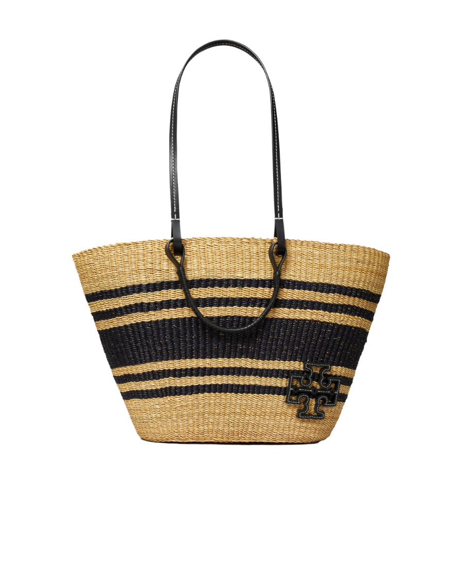 Tory Burch Ella Striped Raffia Tote Bag In Black