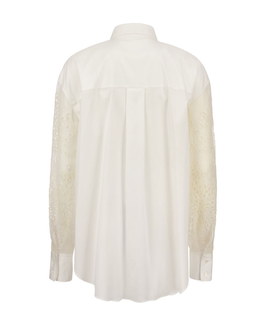 Brunello Cucinelli Stretch Cotton Poplin Shirt With Crispy Silk Broderie Anglaise Sleeve In White