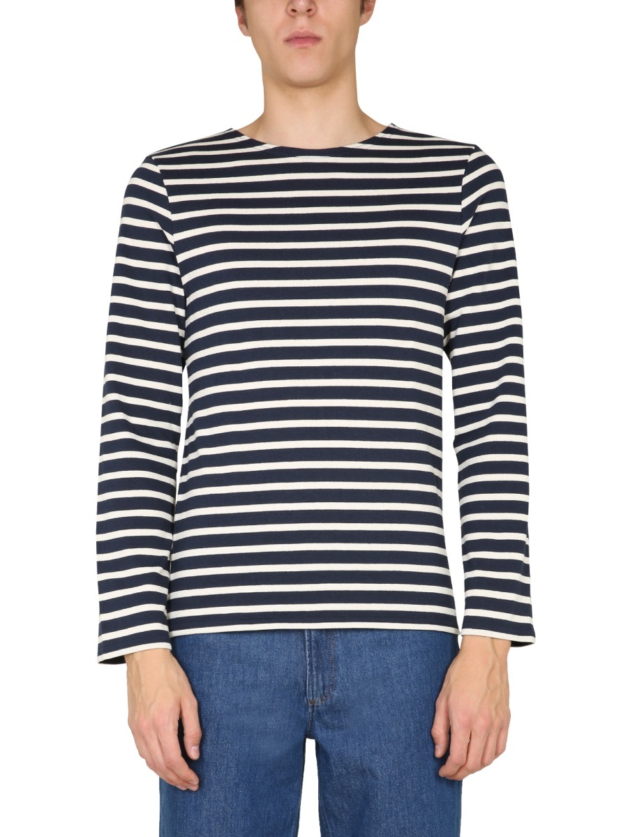 Saint James Cotton Crewneck Embroidered Striped T-shirt In Black
