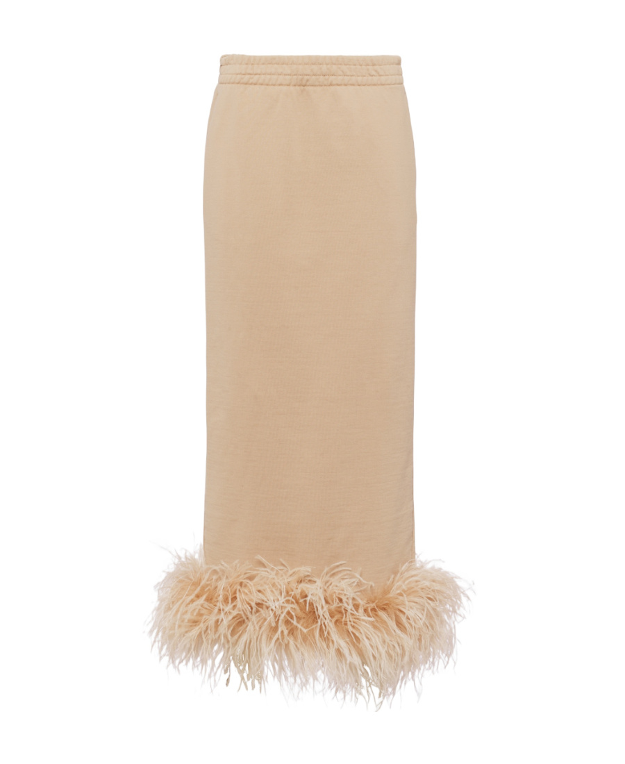 Prada Cotton Fleece Skirt With Feather Trim In Nude