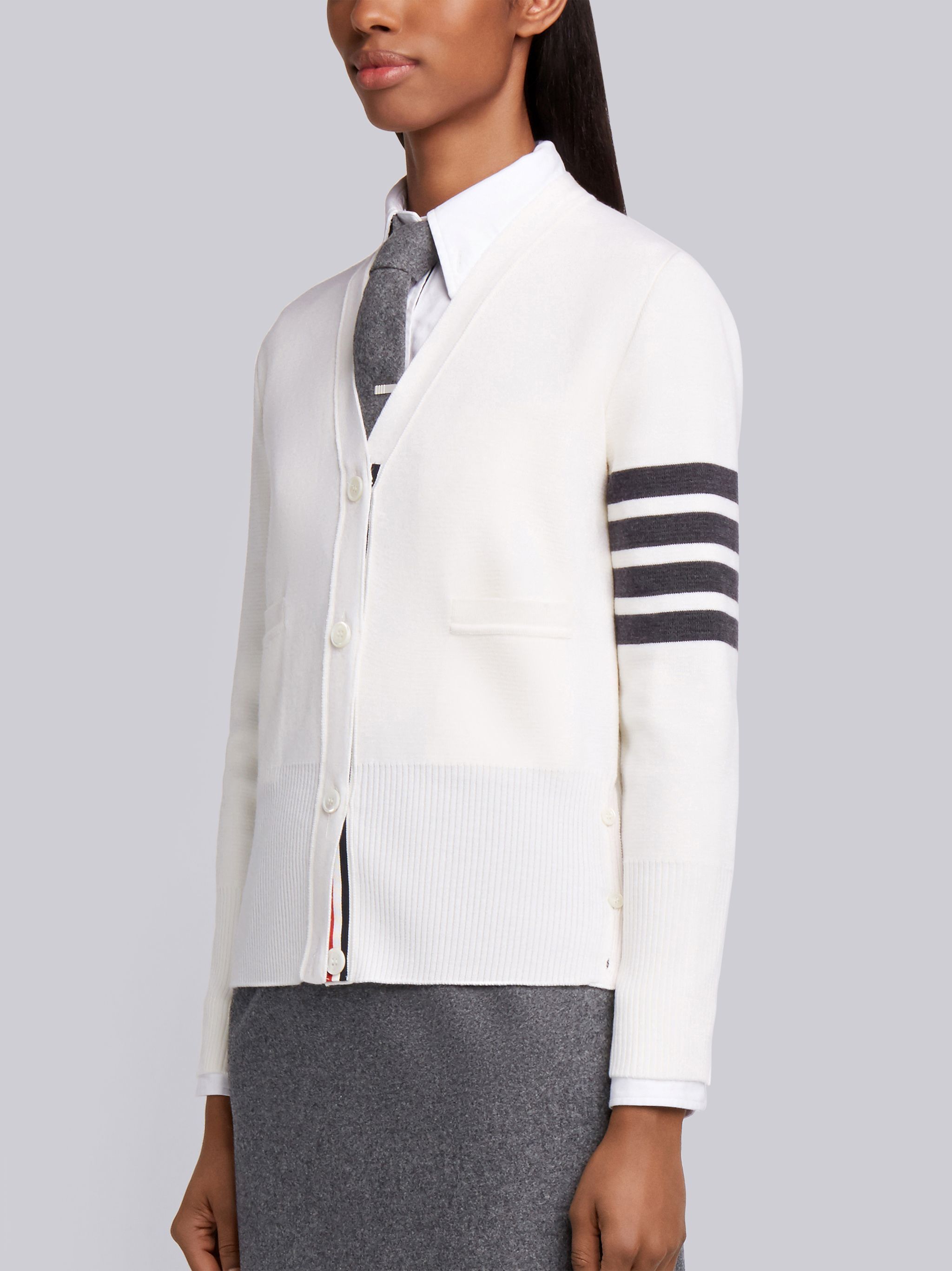 Thom Browne Milano Stitch V-neck Merino Cardigan In White