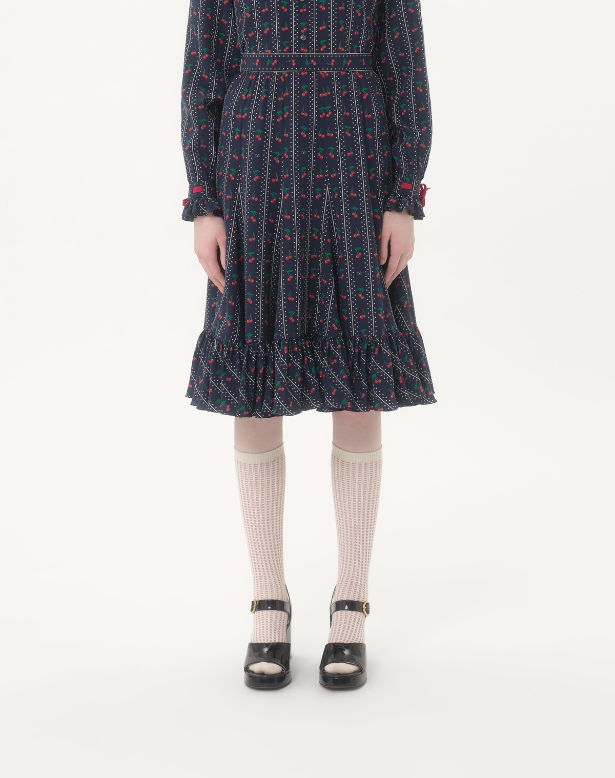 Valentino Crepe De Chine Midi Skirt With Cherryfic Print In Black