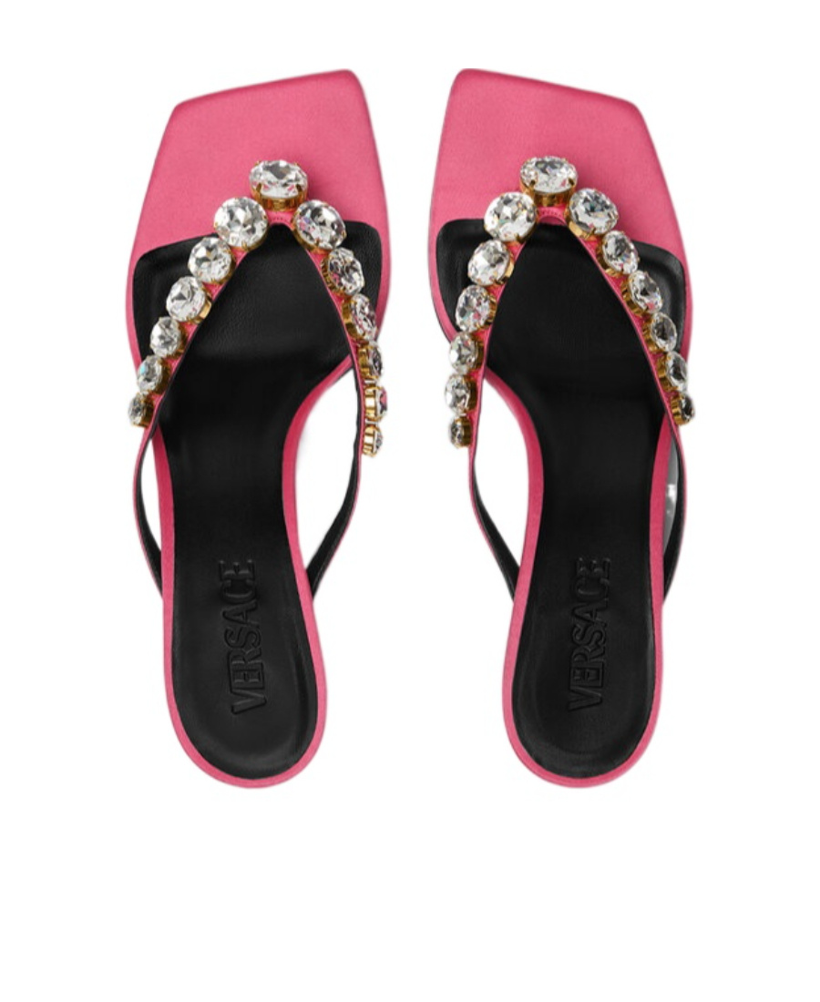 Versace T-belt Crystal High-heeled Sandals In Pink