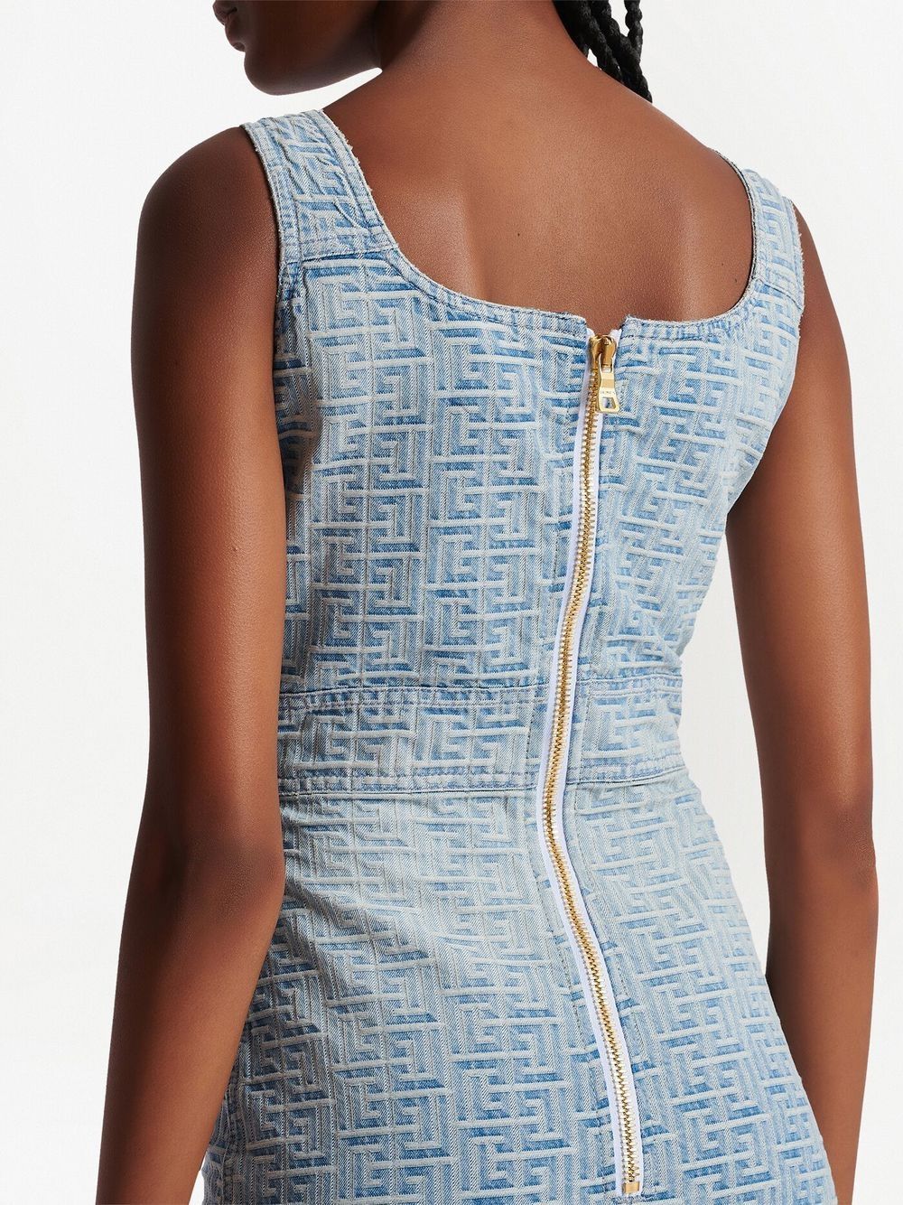 Shop Balmain Monogrammed Short Denim Dress In Gray