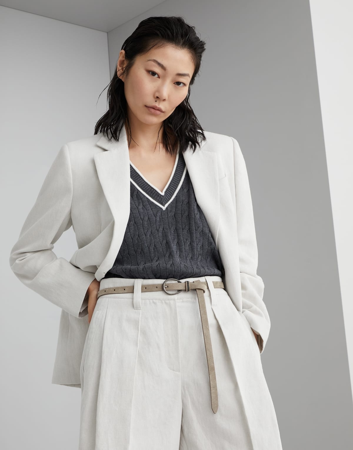Brunello Cucinelli Monili-detail Suede Belt In Gray