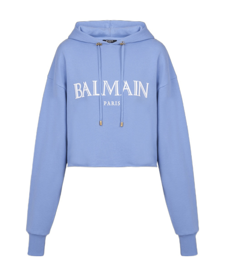 Balmain Cropped Hoodie With Rubber Roman  Logo In Blue