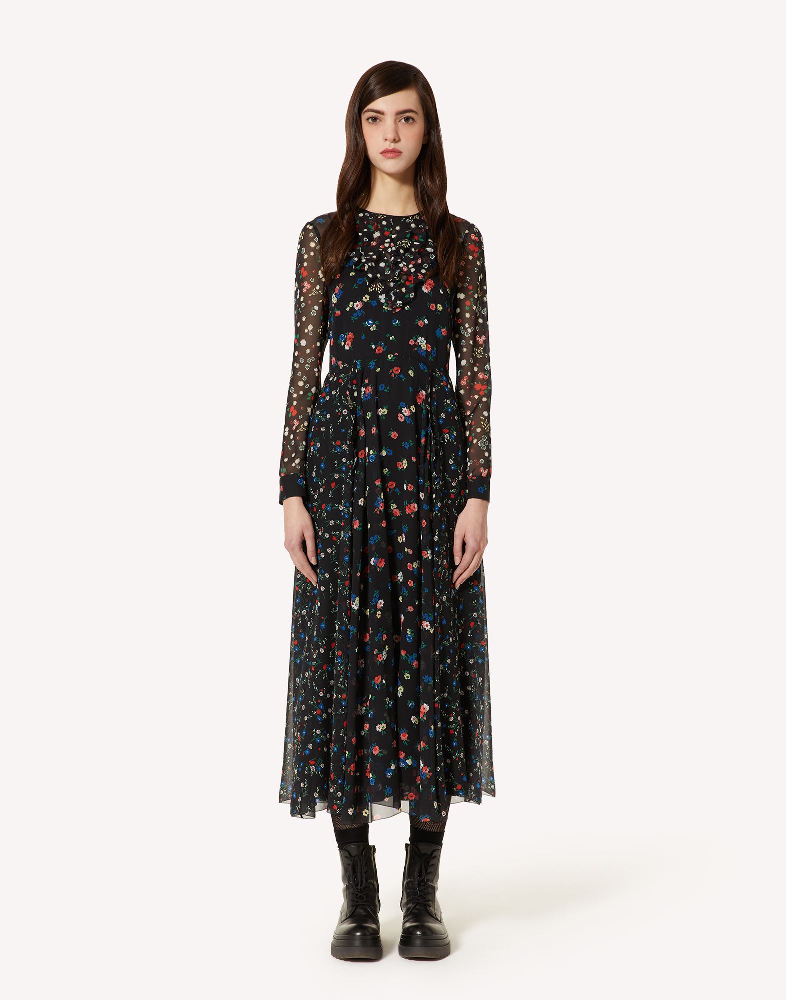 Red Valentino Black Flower Printed Dress In Black
