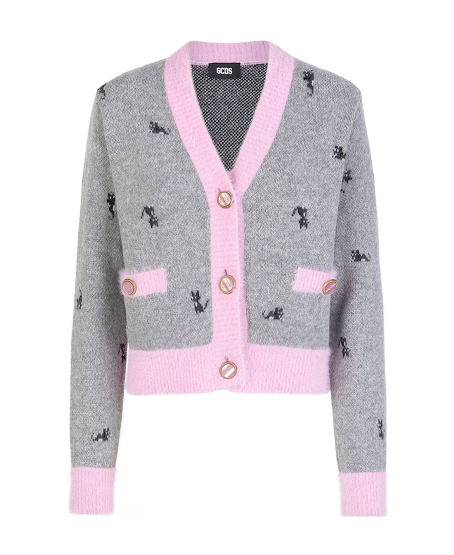 Gcds Kittho Cardigan In Gray And Pink Wool Blend In Gray