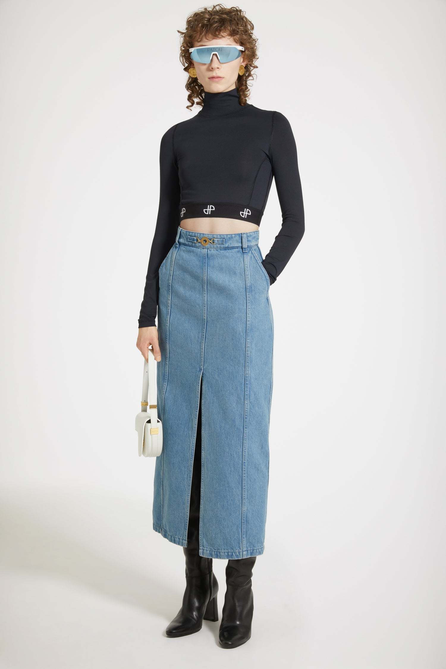 Patou Front-slit High-waist Denim Midi Skirt In Blue