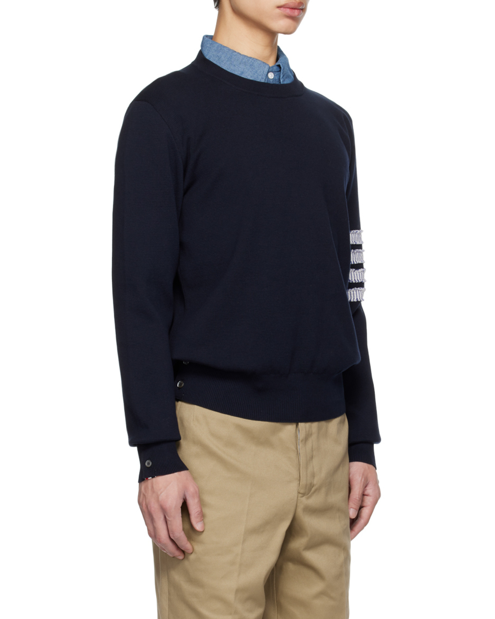 Thom Browne Blue Crewneck Swwater With 4-bar On The Sleeve And Ribbed Trims In Wool Man In Navy Blue