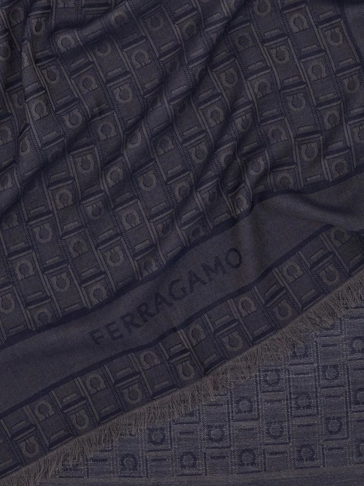 Ferragamo Gancini Monogram Jacquard Wool Scarf In Black