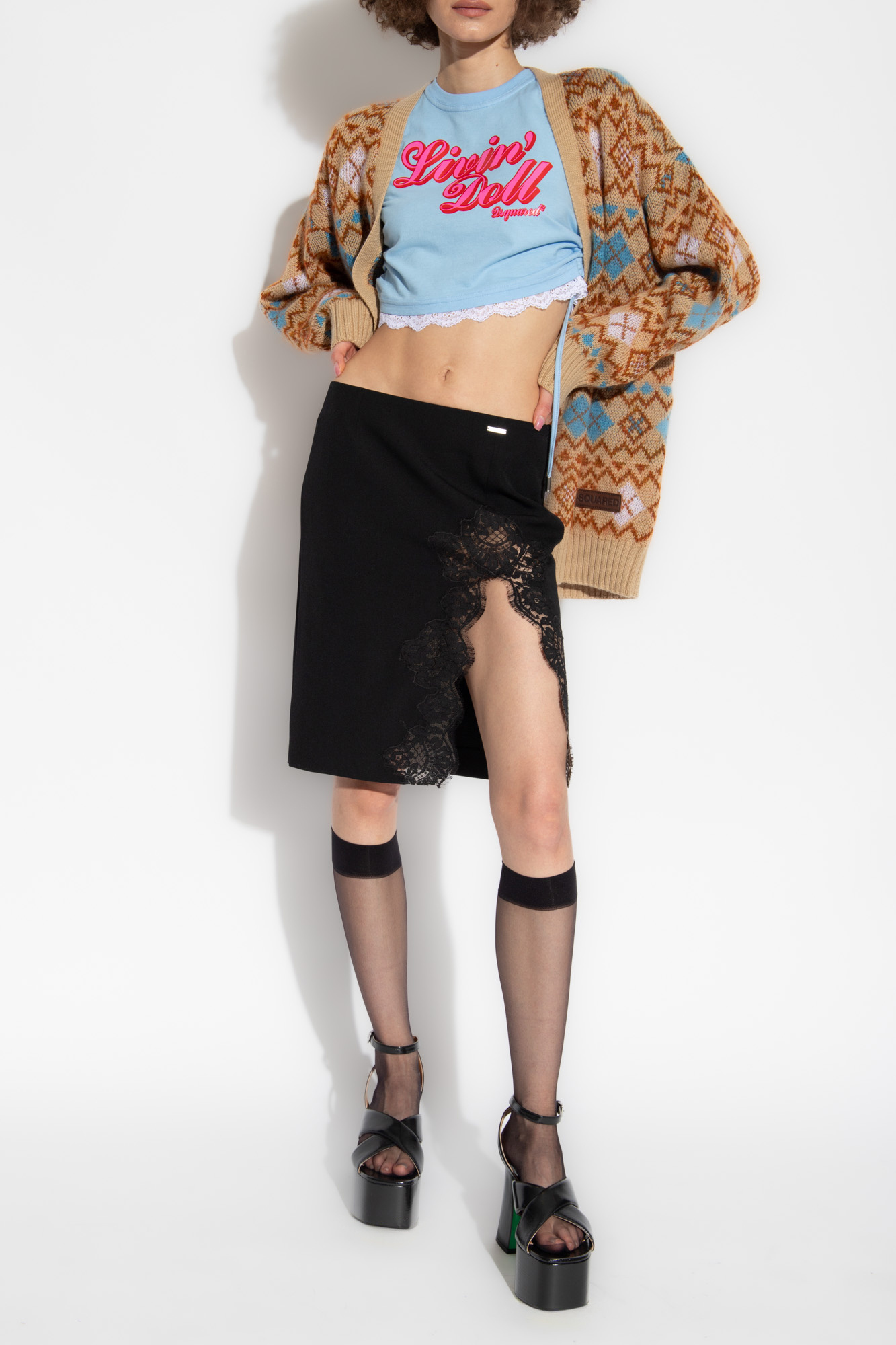 Dsquared2 Lace-detail Virgin Wool Skirt In Black