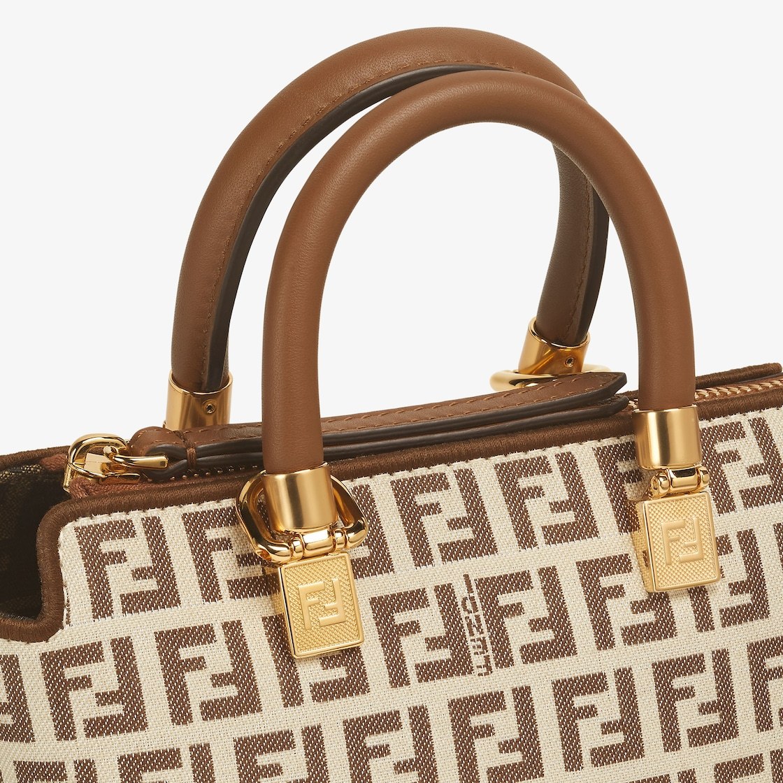 Fendi Small Brown Ff Fabric Boston Bag In Nude