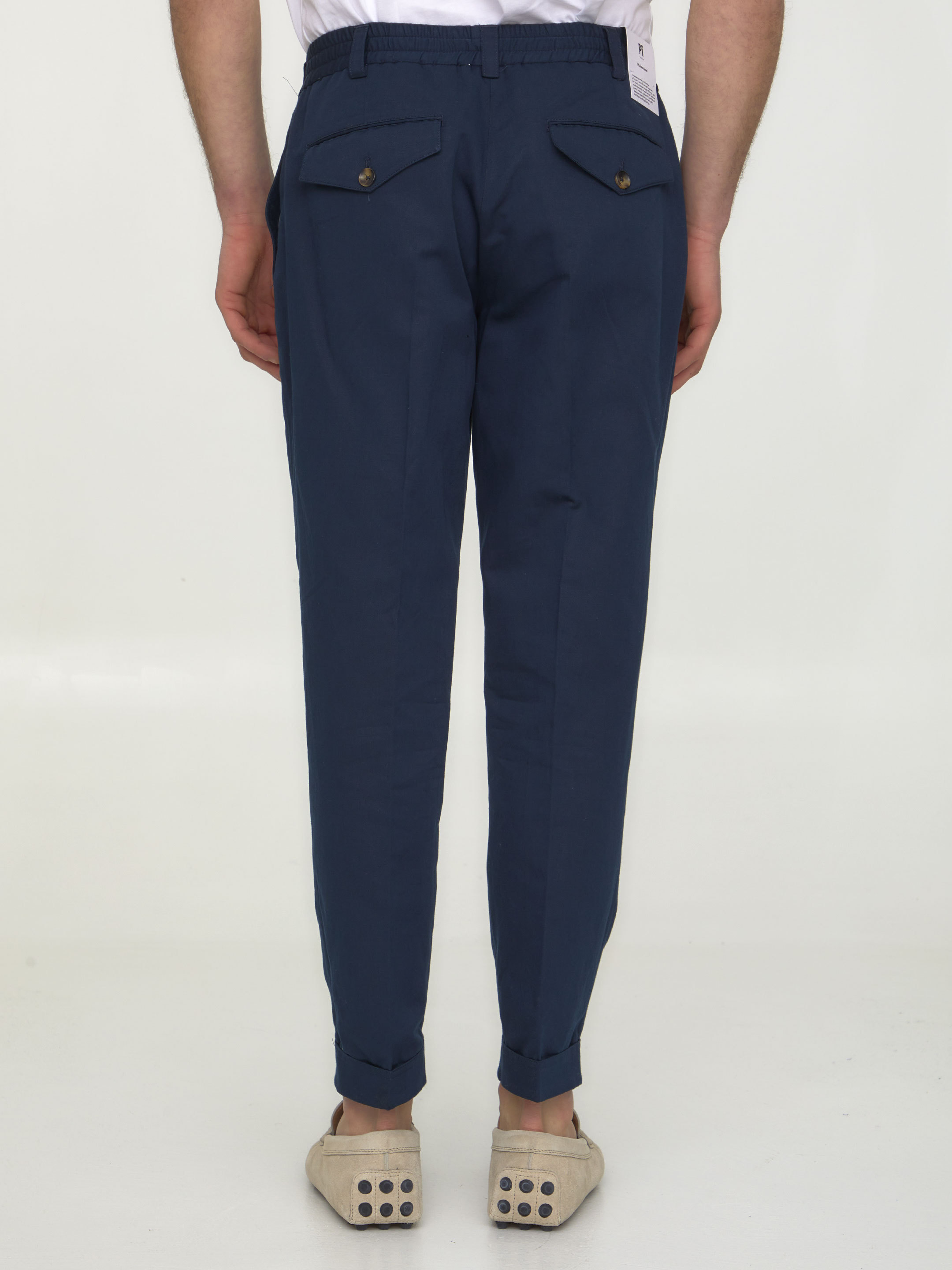 Pt Torino Cropped Cotton And Linen Trousers In Blue
