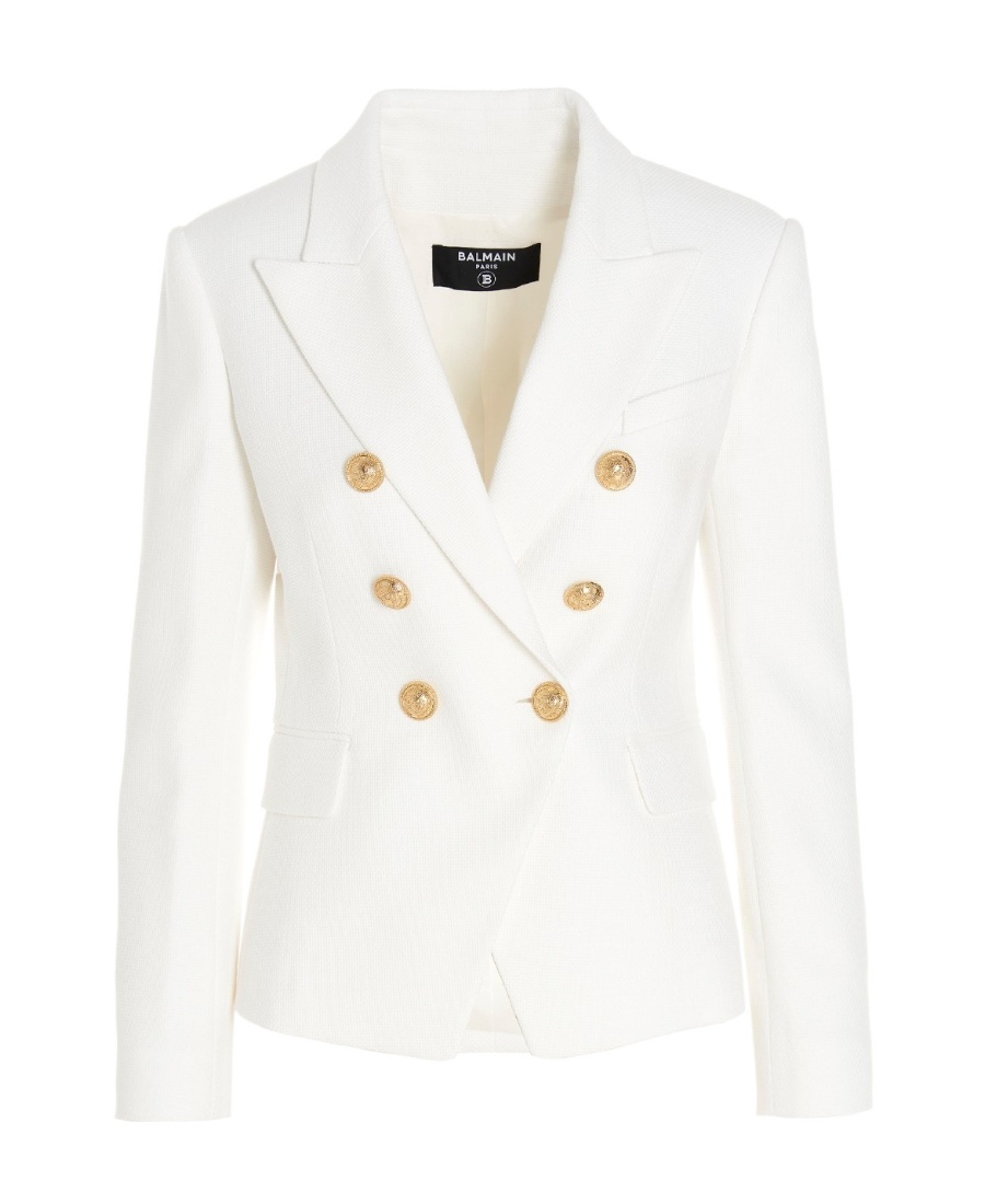 Balmain Wool Grain De Poudre 6 Button Blazer In White