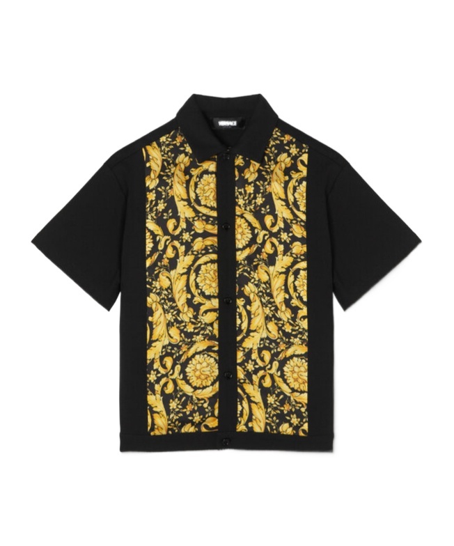 Versace Barocco-print Short-sleeve Shirt In Black