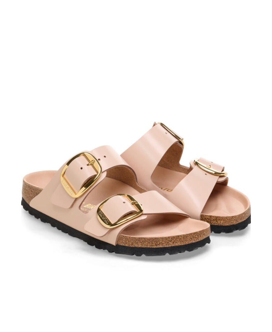 Shop Birkenstock Arizona Big Buckle Leather Slides In Nude