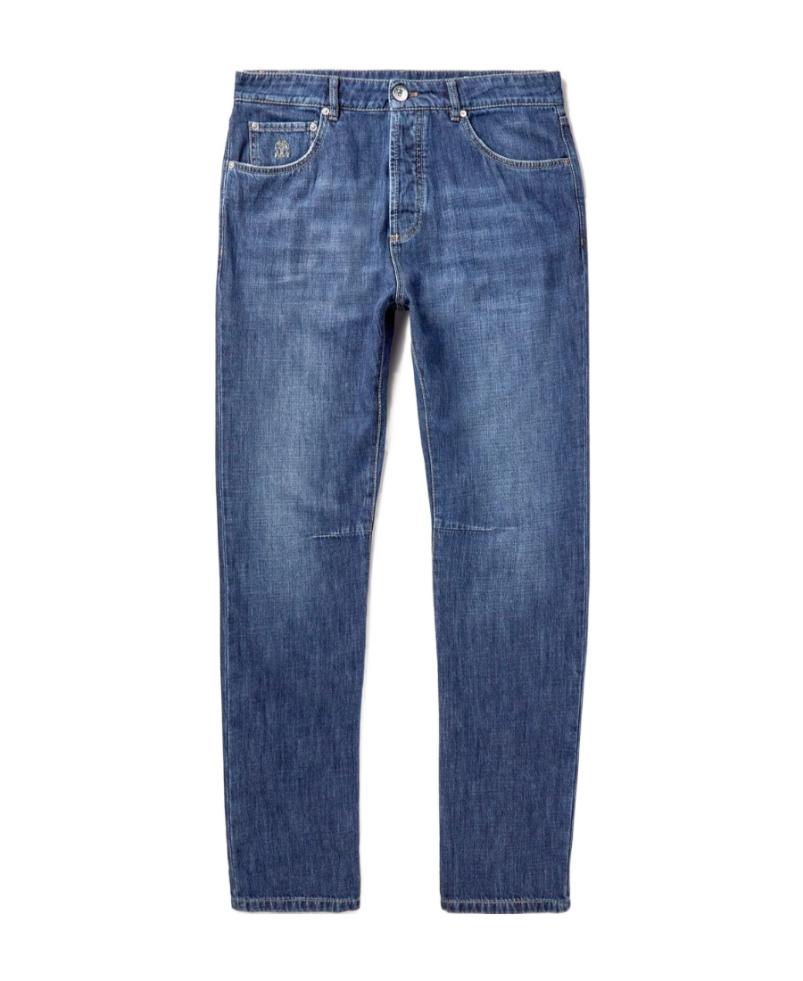 Brunello Cucinelli Solomei-embroidered Tapered Jeans In Blue